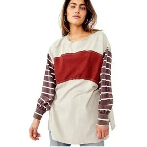 Free People Striped Long Sleeve Top Red Tan Womens Size Small Shirt
